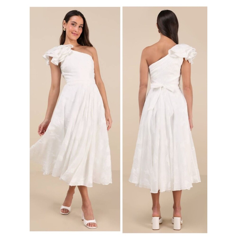 Lulus Sweet Definition White Burnout Ruffled One-Shoulder Midi Dress Size Large